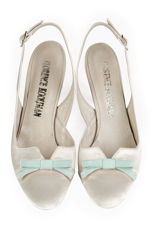 Pure white and aquamarine blue women's open back shoes, with a knot. Round toe. High slim heel. Top view - Florence KOOIJMAN